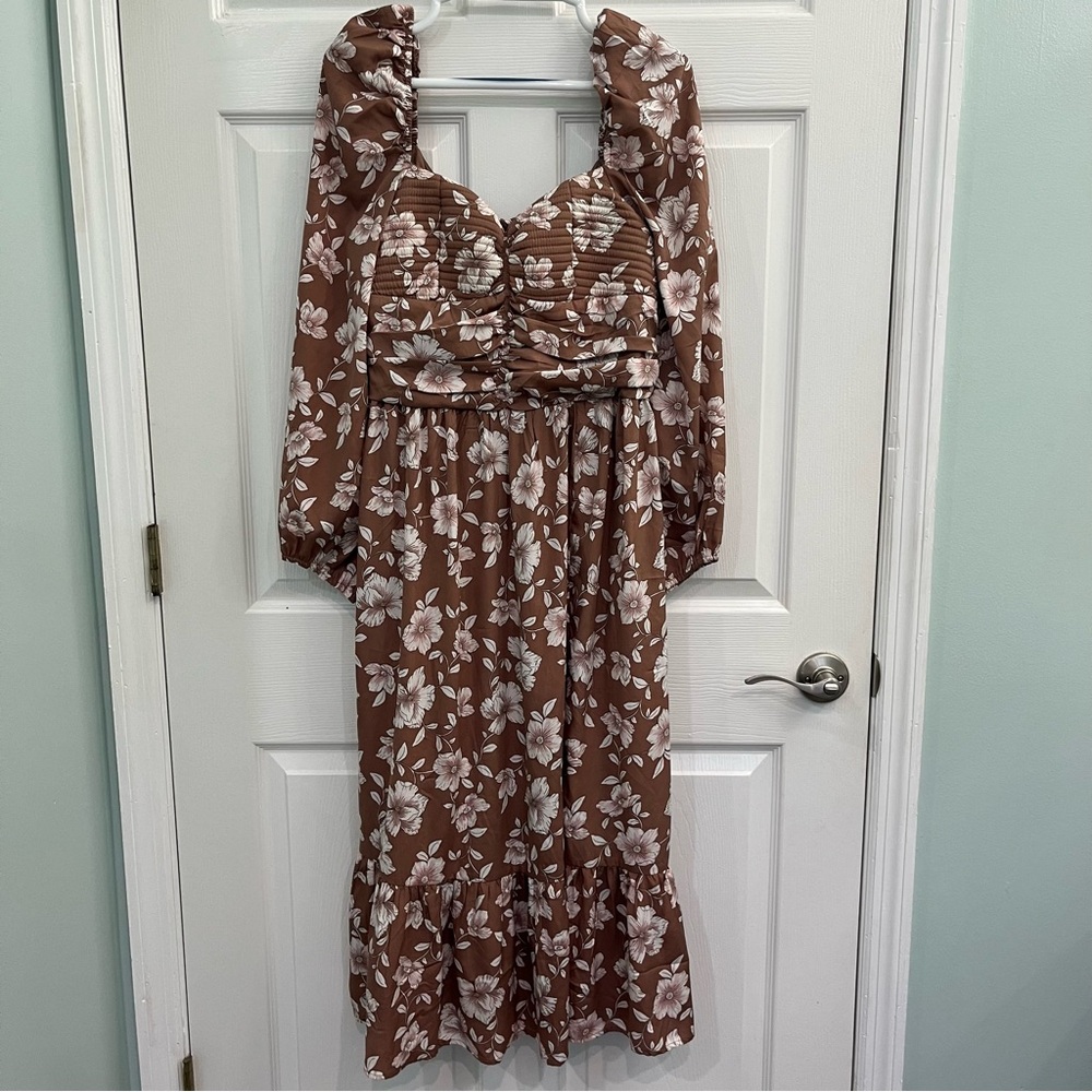 NWT Band Of The Free Brown BOG Floral Pockets Women’s Midi Milkmaid Sun Dress - Picture 1 of 12
